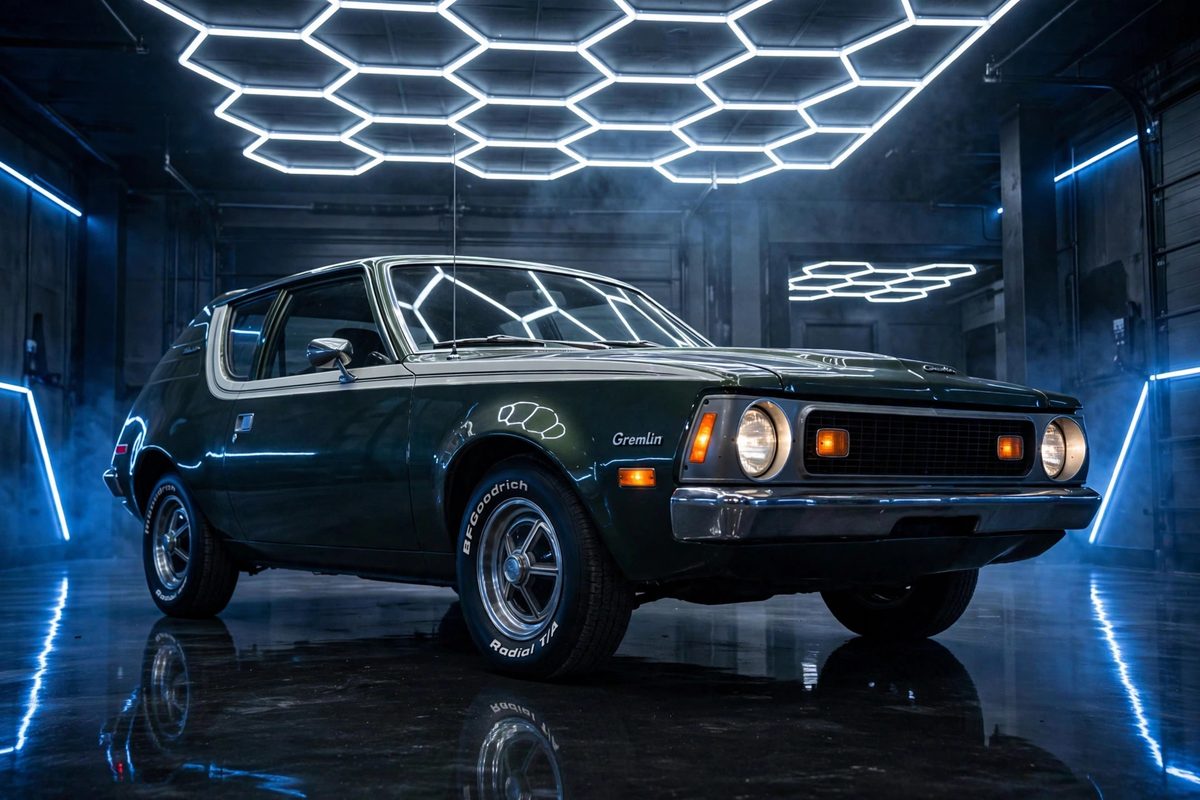 AMC Gremlin staged under glowing hexagon garage lights